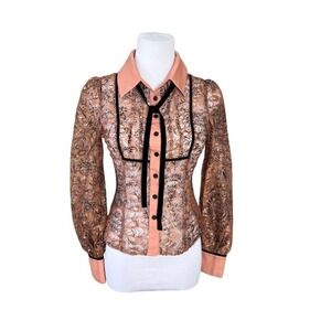 Honey Punch Button Front Lace Pink Black Top Blouse XS Baddie Sheer Delicate NWT